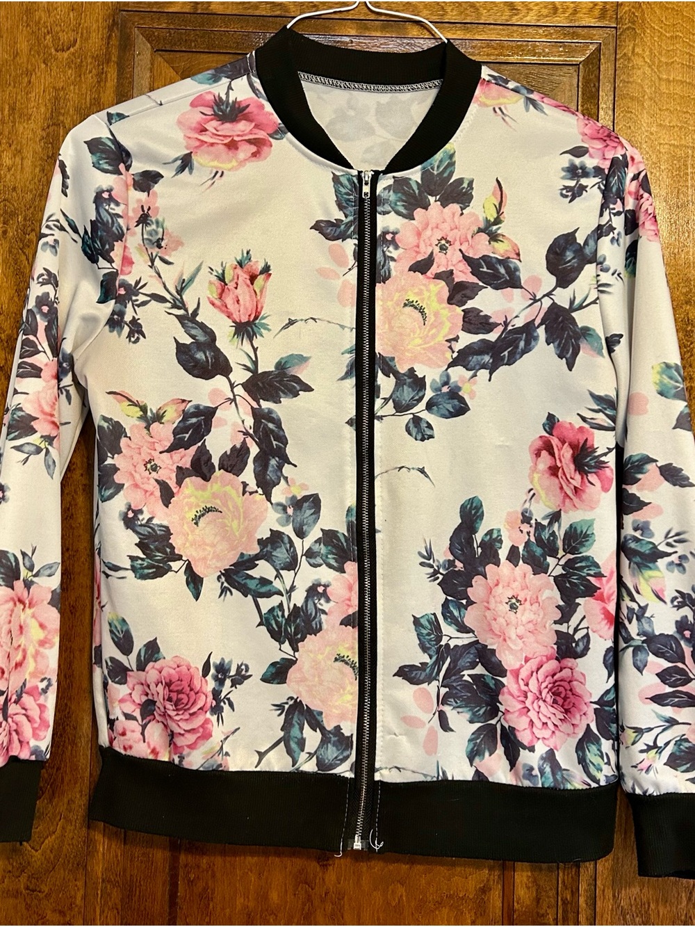 Floral Bomber Jacket in Pink & Black Trim